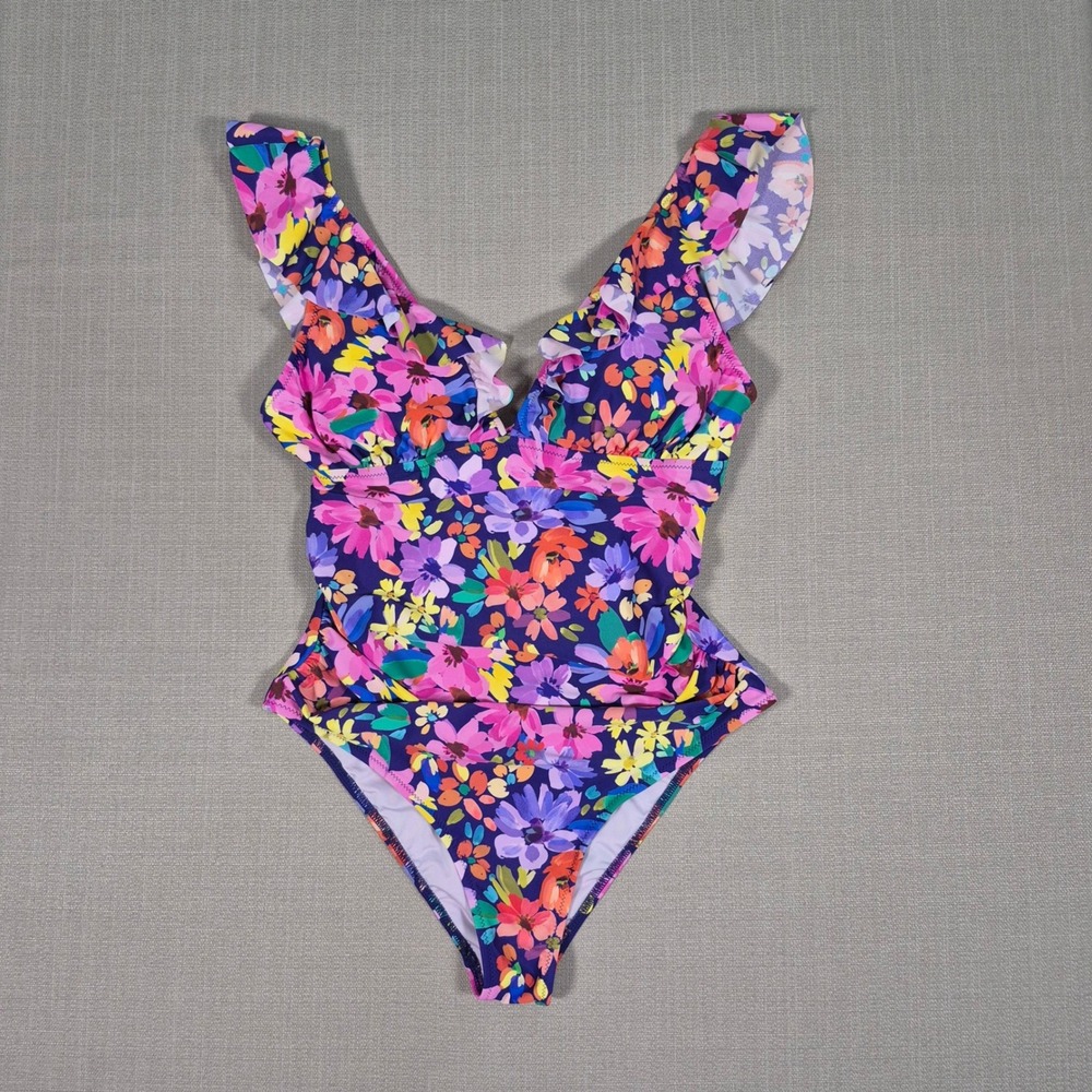 Cupshe Floral One Piece Swimsuit Purple Pink‎ Ruffle V-Neck Tummy Control L NEW